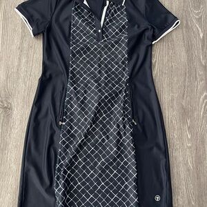 Tribal Navy and White Geometric Polo Golf collar Dress pockets Medium Ladies